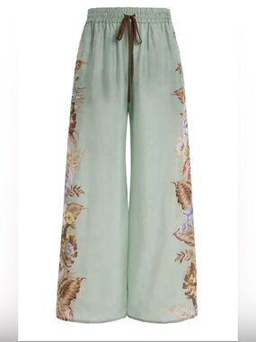 Zimmermann Coco Silk Wide-Leg Pants with Floral Border $575 Size 2 US 8